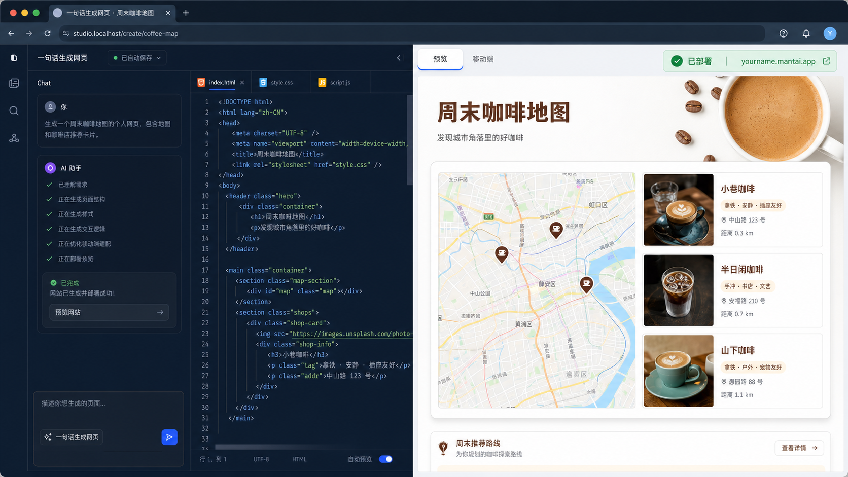 Vibe Coding 生成并部署周末咖啡地图网页的工作台截图
